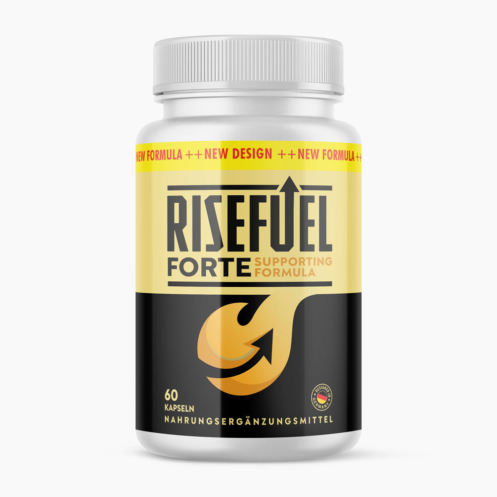 Kunststoffdose mit gelbem Etikett RiseFuel Forte Supporting Formula 60 Kapseln