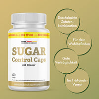 Thumbnail for Dose Sugar Control Caps mit Chrom vor grünem Hintergrund, daneben grafische Kreise mit Produkteigenschaften