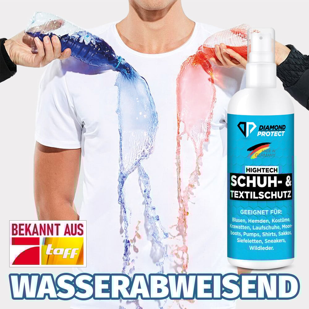 Diamond Protect Spray 100 ml mit blauem Etikett, daneben weißes Shirt mit rotem und blauem Wasserstrahl