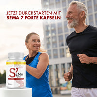 Thumbnail for Sema 7 Forte Kapseln mit joggendem Paar und Produktabbildung vor Stadtkulisse