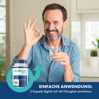 Thumbnail for Mann hält Wasserglas und zeigt Handzeichen, daneben Dose Semenax Plus mit Einnahmehinweis unten