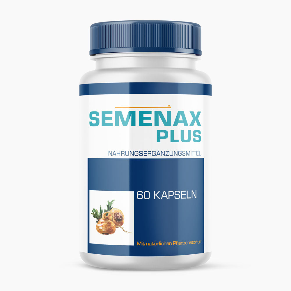 Dose Semenax Plus mit Schrift Nahrungsergänzungsmittel, blauem Etikett und 60 Kapseln sichtbar