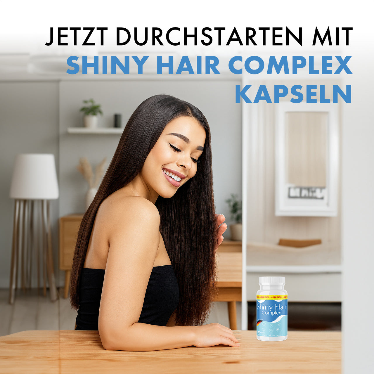 Frau mit langen Haaren sitzt am Tisch neben Shiny Hair Complex Dose und großer Aufschrift oben