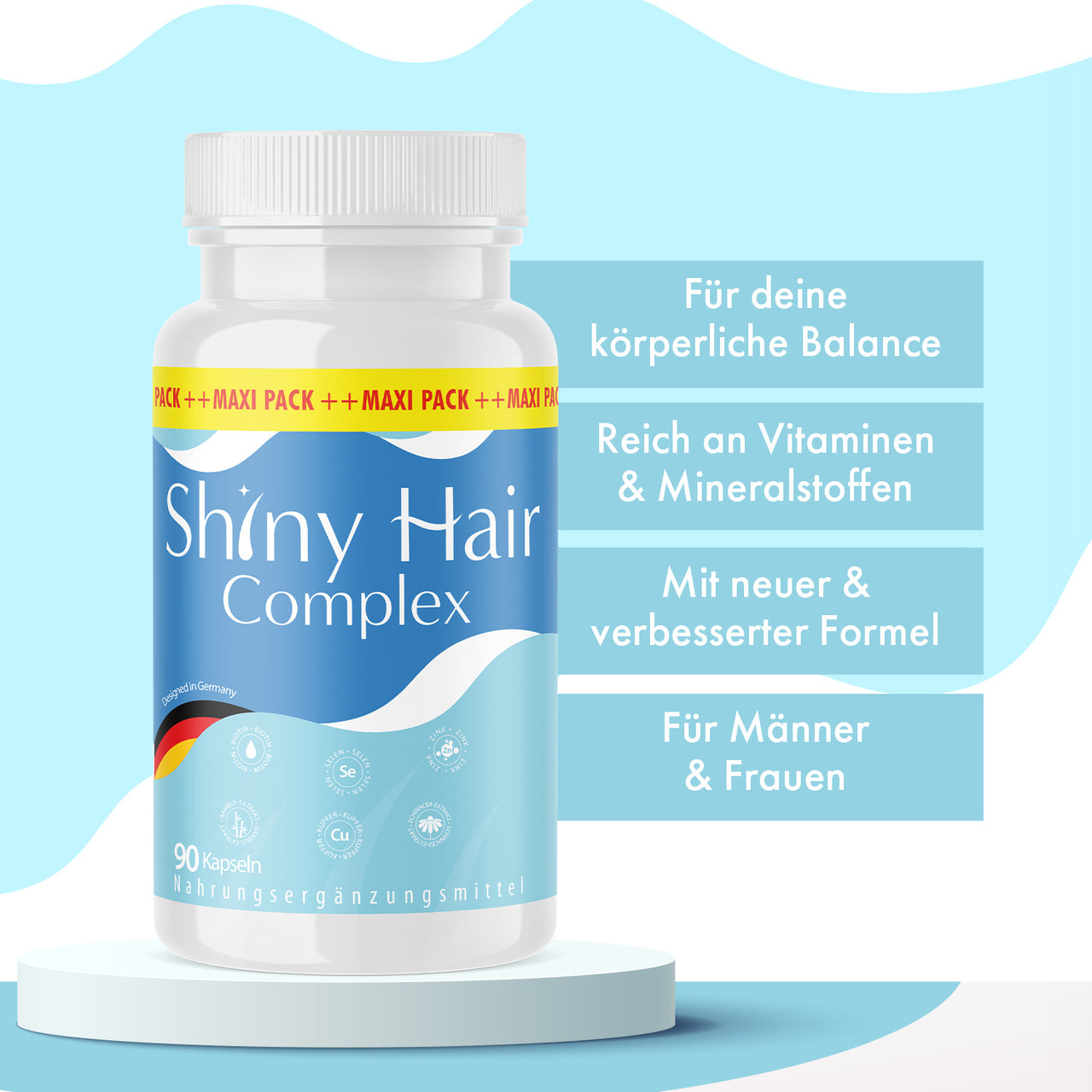 Dose Shiny Hair Complex mit blauem Etikett, 90-Kapseln-Hinweis und vier Infopunkten rechts