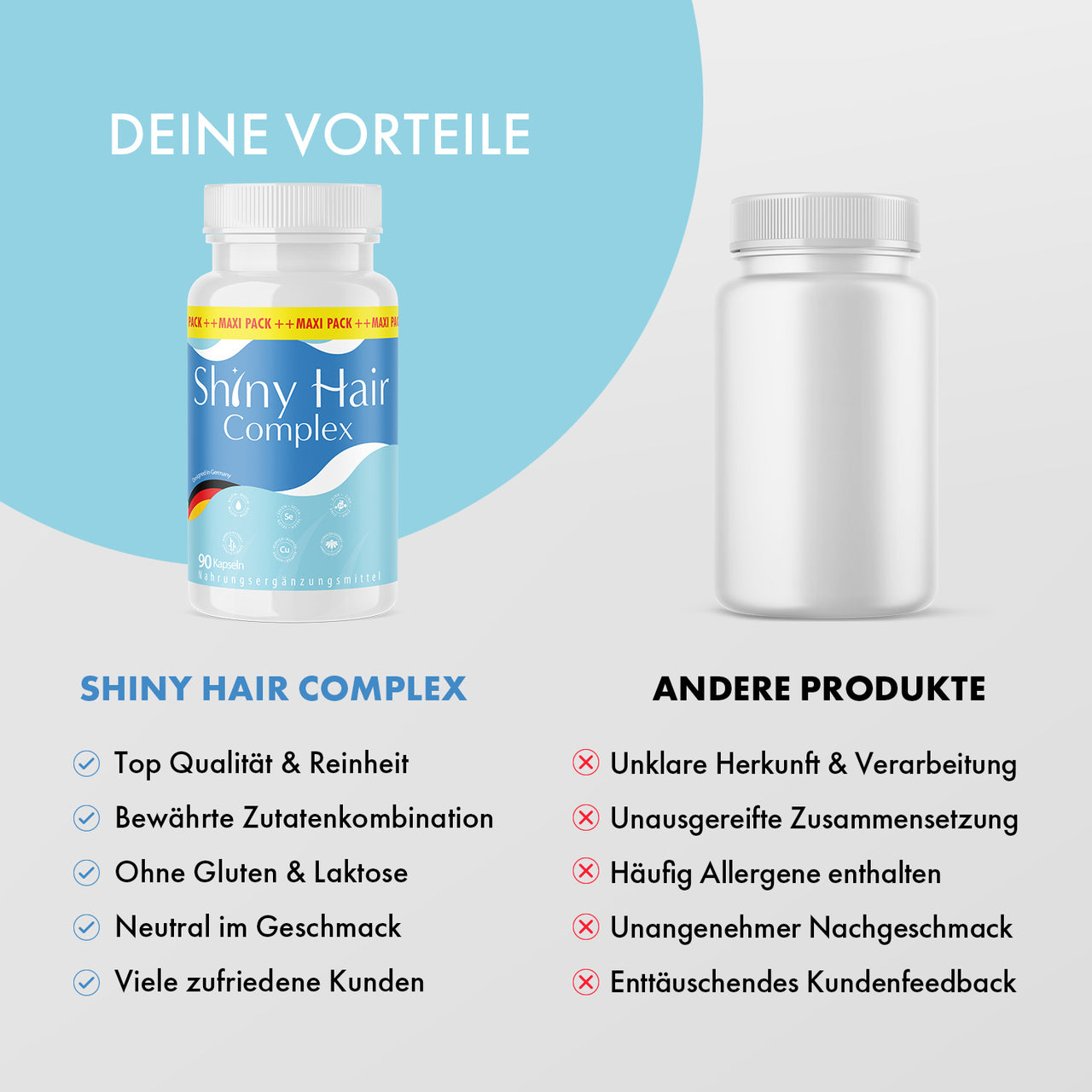 Vergleich von Shiny Hair Complex Dose und neutraler Dose mit Bewertungslisten und Symbolen