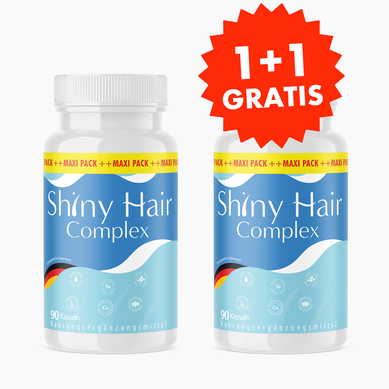 Zwei Dosen Shiny Hair Complex mit blauem Etikett, 90-Kapseln-Hinweis und 1+1-Gratis-Siegel