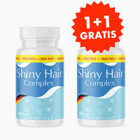 Thumbnail for Zwei Dosen Shiny Hair Complex mit blauem Etikett, 90-Kapseln-Hinweis und 1+1-Gratis-Siegel