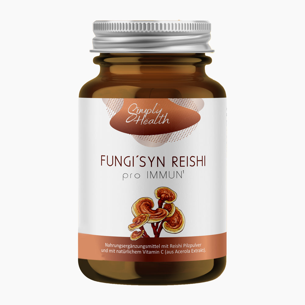 Braune Glasflasche mit Etikett Fungi’Syn Reishi pro Immun und Abbildung Reishi Pilz