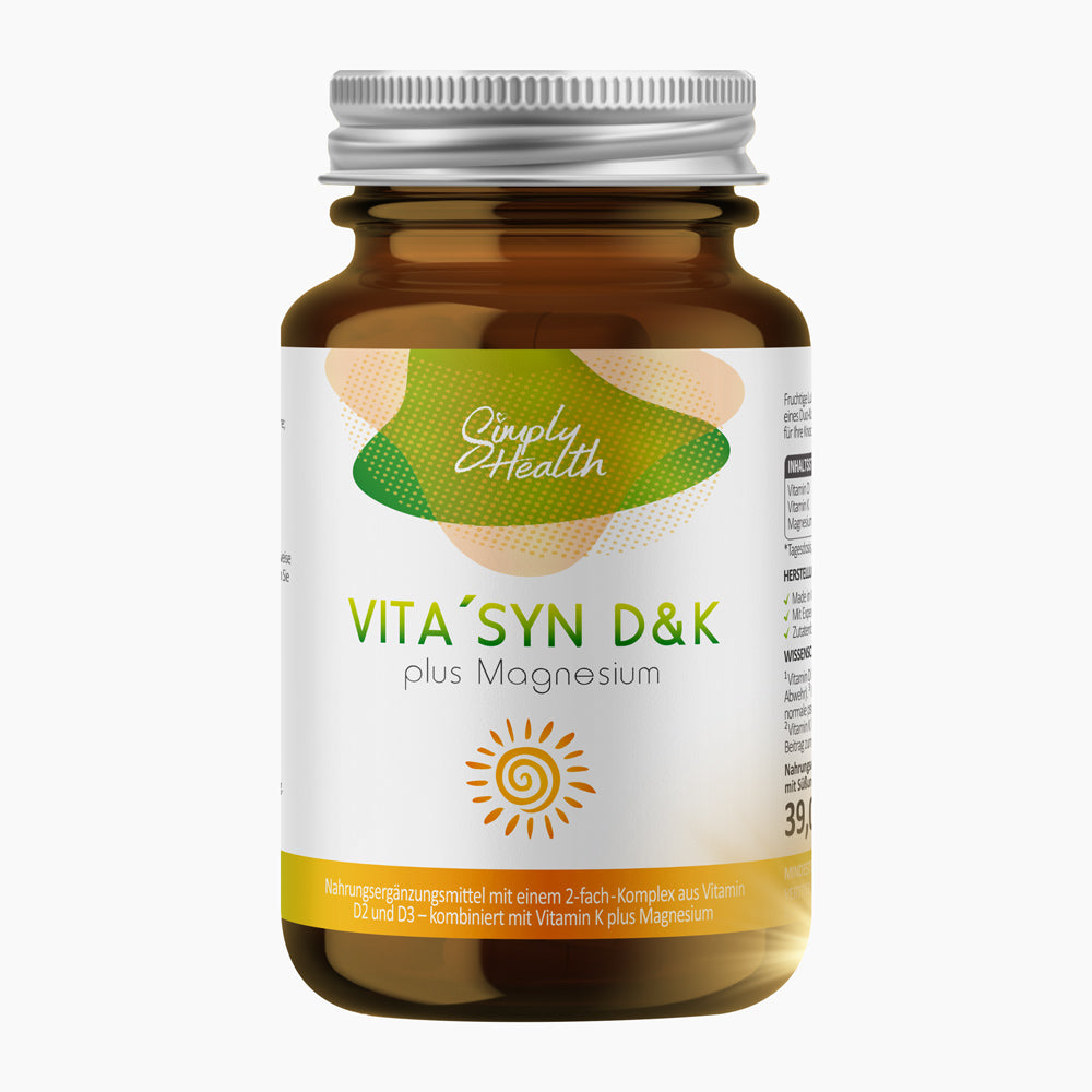 Braunes Glasfläschchen Simply Health VITA’SYN D&K plus Magnesium mit grün-gelbem Designetikett
