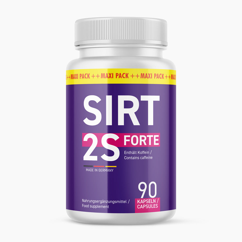 Dose mit violettem Etikett, Aufdruck SIRT 2S FORTE, 90 Kapseln, weißer Deckel