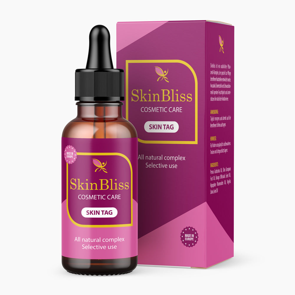 Produktflasche SkinBliss Skin Tag, 30 ml, mit Pipette vor farblich passender Box