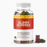 Thumbnail for Kunststoffdose mit rotem Slimm Gummies Etikett, sichtbare Gummibärchen und 60 Stück Angabe