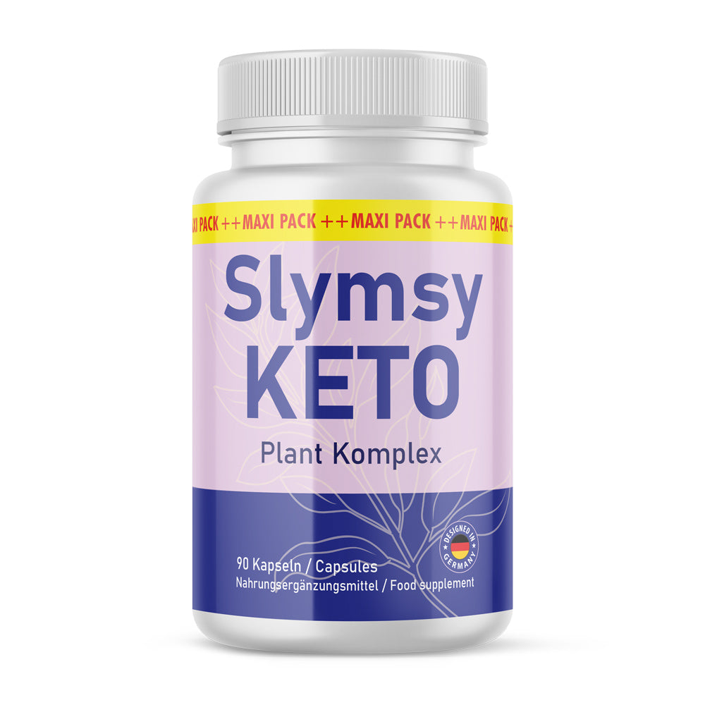 Slymsy Keto Plant Komplex 90 Kapseln weiße Kunststoffdose mit blauer und violetter Gestaltung