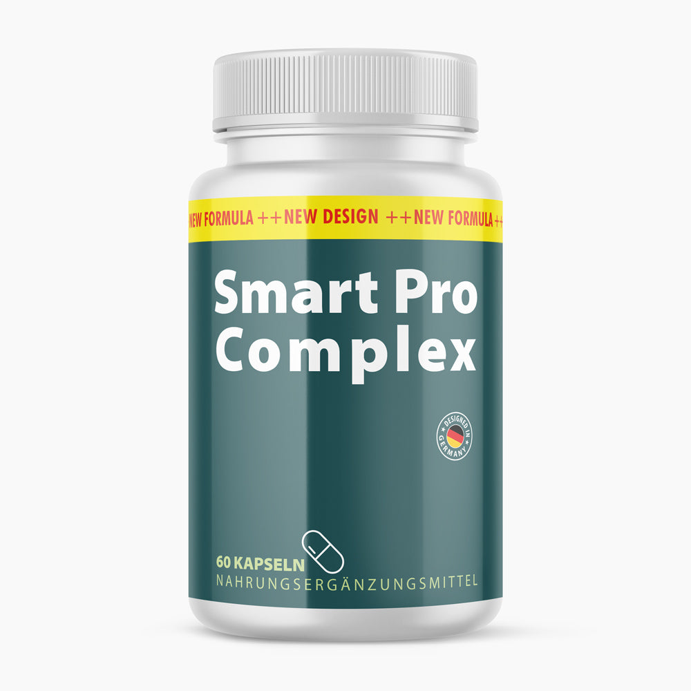 Weiße Kunststoffdose mit Aufdruck Smart Pro Complex und 60 Kapseln auf dunkelgrünem