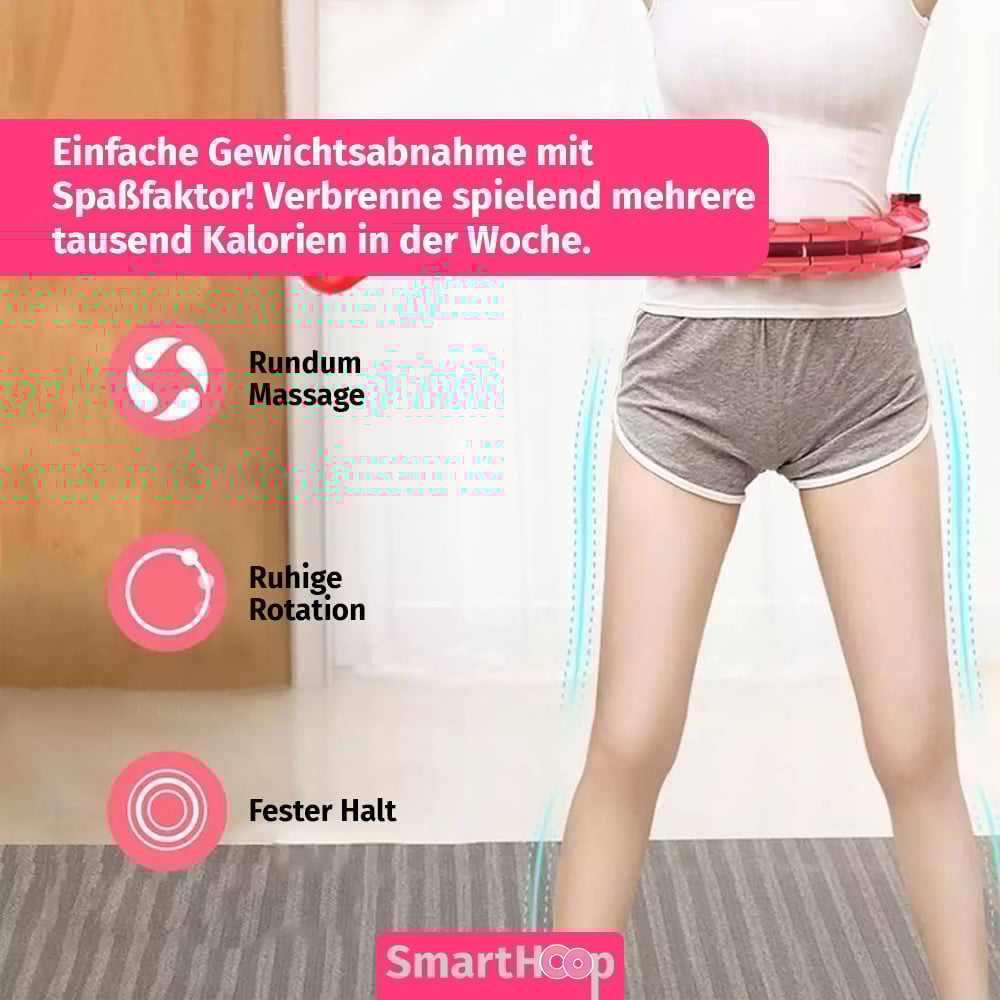 Frau trainiert mit SmartHoop für Gewichtsabnahme, beworben mit Massage, Rotation und festem Halt