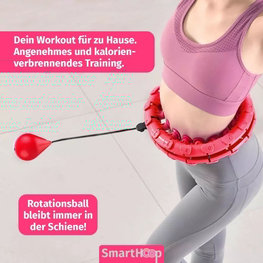 Frau beim Heimtraining mit Smart Hoop Reifen, Rotationsball bewegt sich sicher in der Schiene