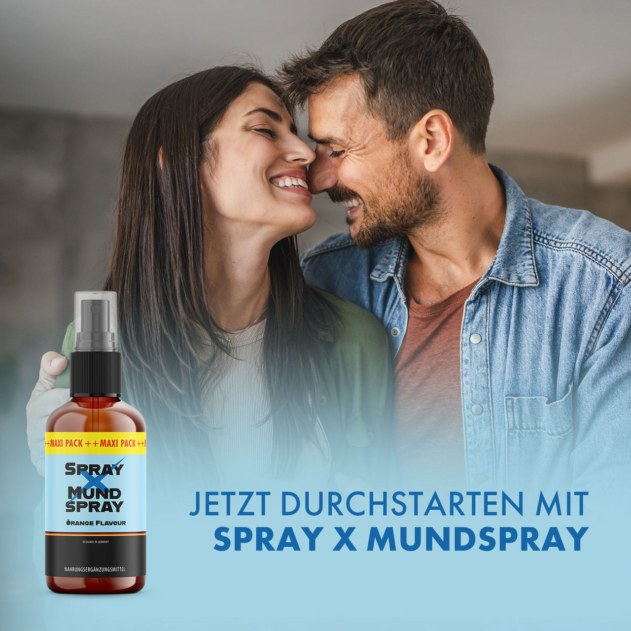 Paar lächelt sich an, unten links Spray X Mundspray Orange Flavour, Text „Jetzt durchstarten“