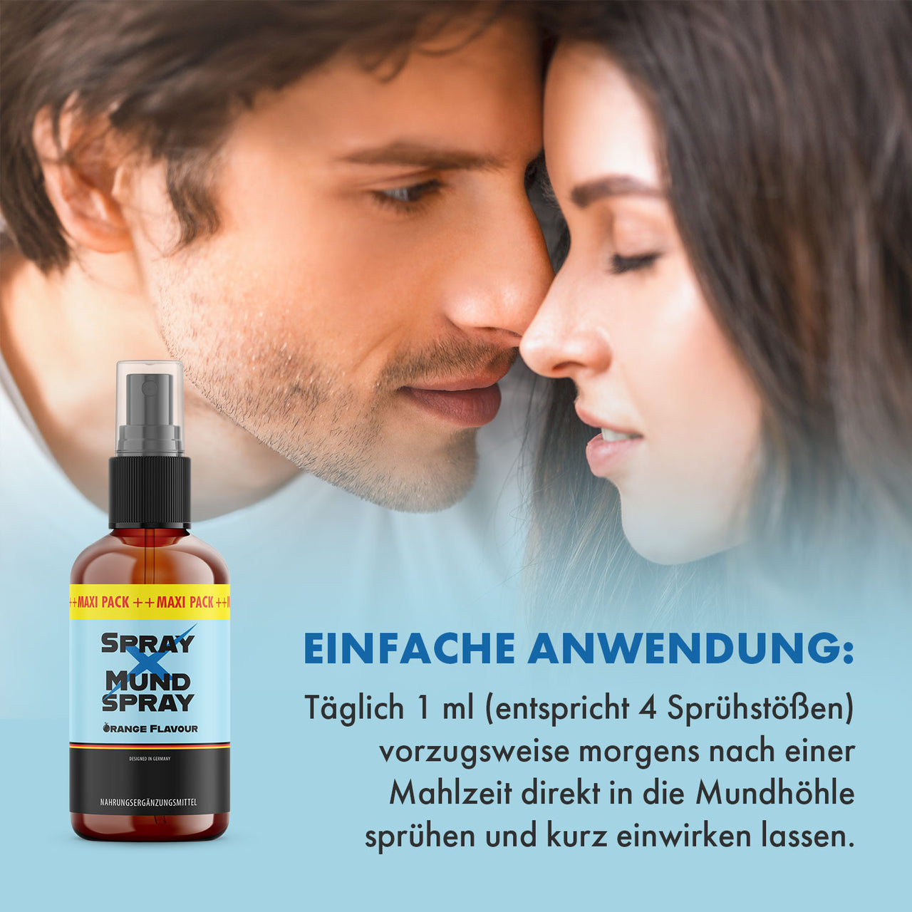 Paar mit geschlossenen Augen, Mundspray links unten; Text zur Anwendung: 1 ml täglich, 4 Sprühstöße