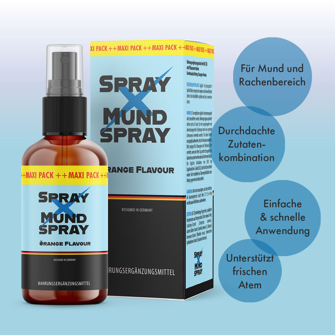 Flasche und Verpackung „Spray X Mundspray“ Orange Flavour, daneben vier blaue Hinweis-Kreise