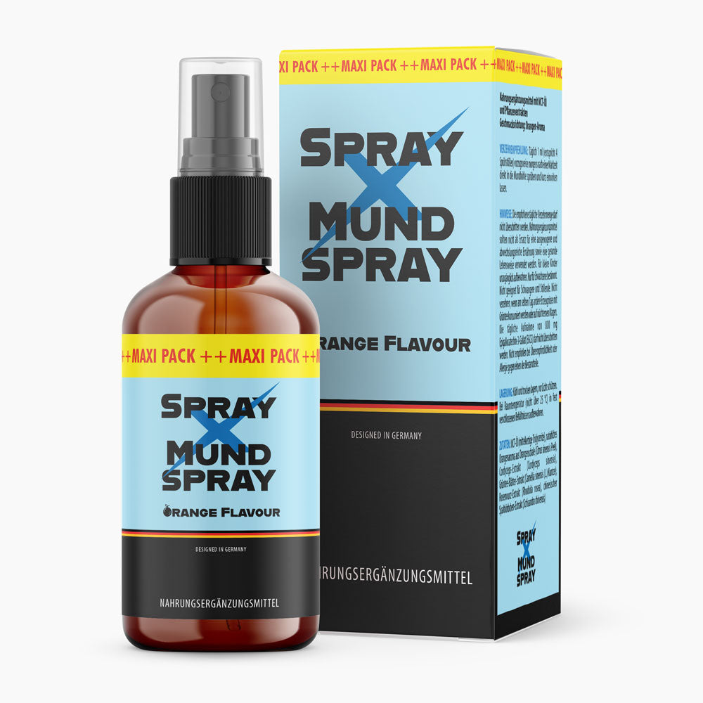 Spray X Mundspray Orange Flavour: braune Pumpflasche mit blauem Etikett und passender Box im Set