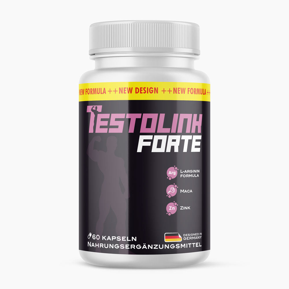 Kunststoffdose mit weißem Deckel und schwarzem Etikett Testolink Forte mit 60 Kapseln Nahrungsergänzungsmittel