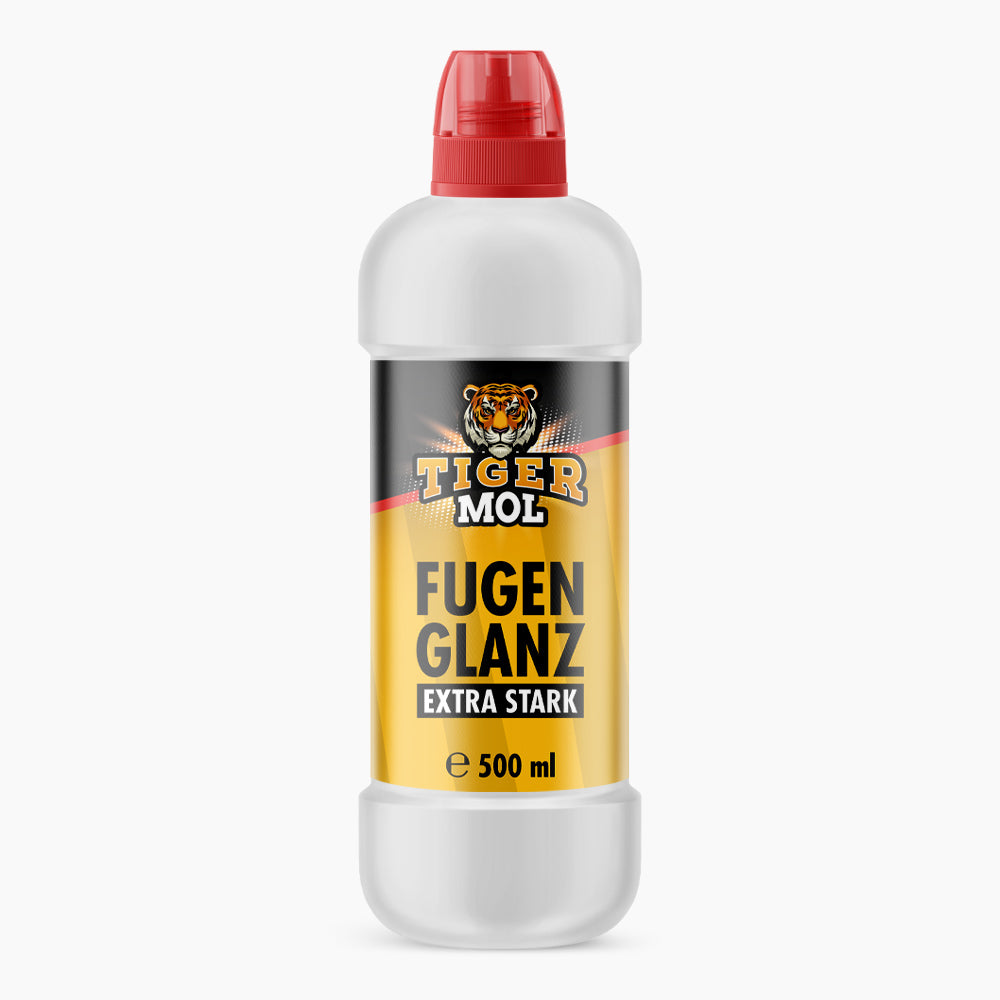 Weiße Kunststoffflasche mit rotem Dosierdeckel, gelbem Etikett Tiger Mol Fugen Glanz Extra Stark, 500 ml