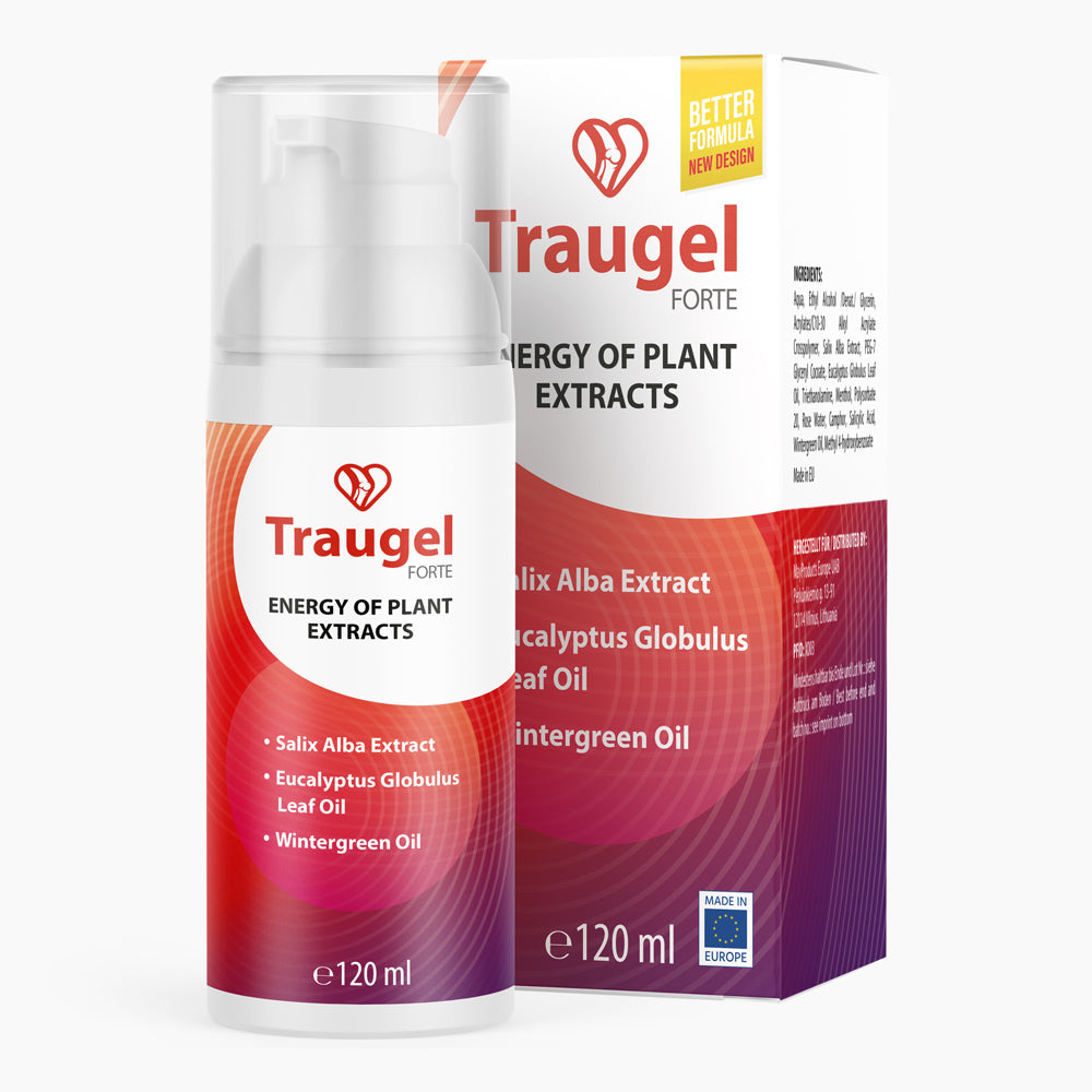 Flasche mit Pumpspender und rotem Etikett Traugel Forte 120 ml vor passender Faltschachtel