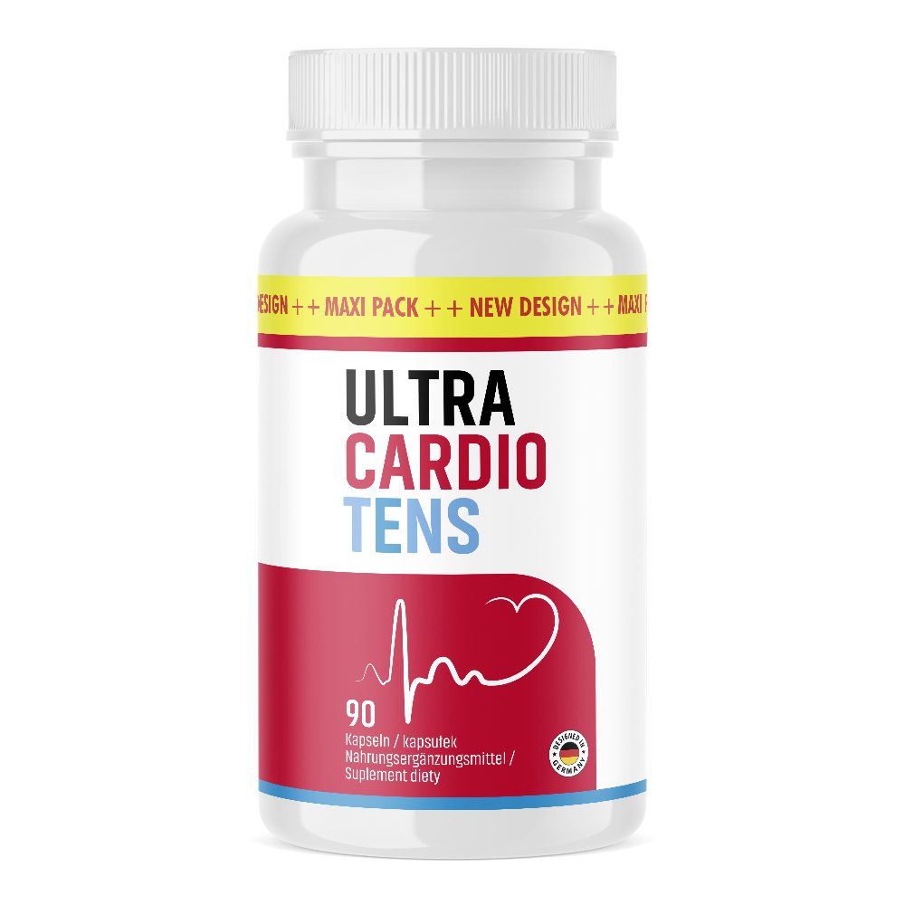 Kunststoffdose mit weiß-rotem Etikett Ultra Cardio Tens mit 90 Kapseln und Herzliniengrafik