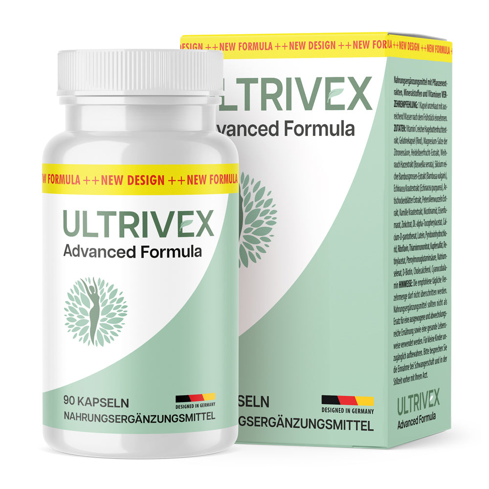 Nahrungsergänzungsmittel Ultrivex Advanced Formula in weißer Dose mit hellgrüner Verpackung und 90 Kapseln