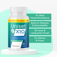 Thumbnail for Weiße Kunststoffdose mit Etikett Uniset X10 90 Kapseln und grünen Textfeldern