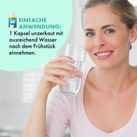 Thumbnail for Frau hält Glas mit Wasser und links Text Einfache Anwendung 1 Kapsel nach dem Frühstück