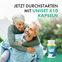 Thumbnail for Lachendes Paar im Freien mit Text Jetzt durchstarten mit Uniset X10 Kapseln und Produktabbildung