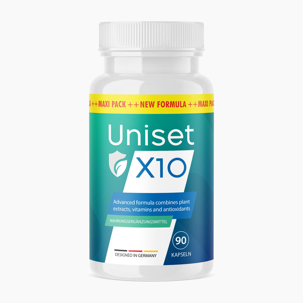 Weiße Kunststoffdose mit grünblauem Etikett Uniset X10 und 90 Kapseln