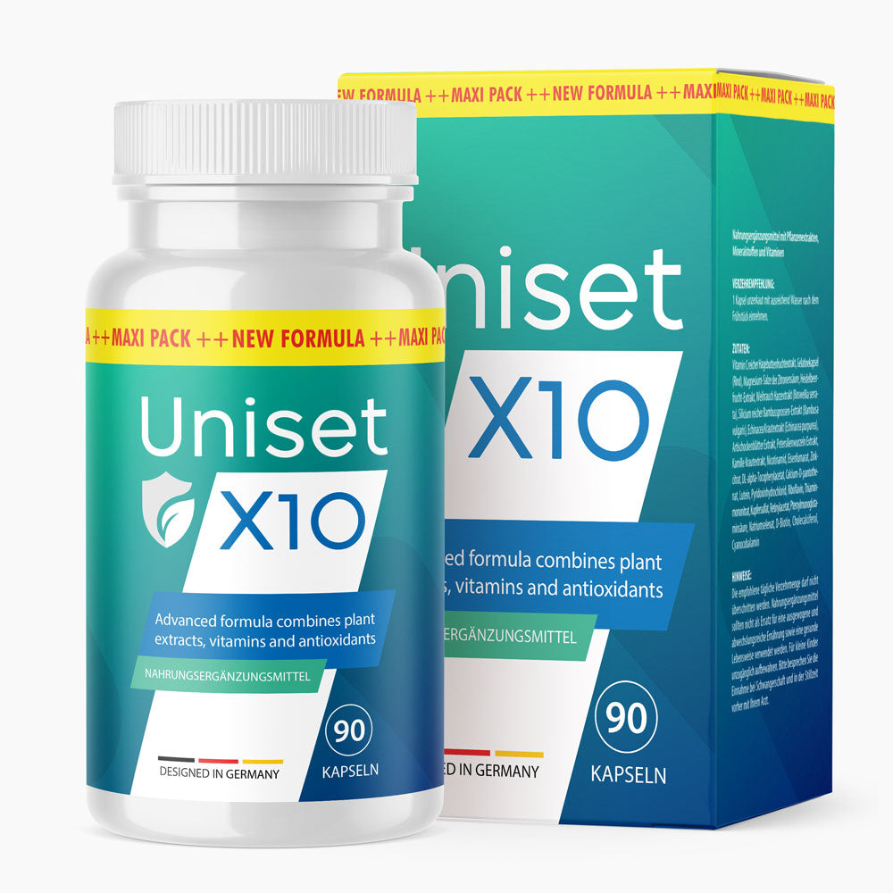 Uniset X10 auf grüner Dose mit blauem Feld und 90 Kapseln vor passender Schachtel in gleichen Farben