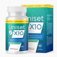 Thumbnail for Uniset X10 auf grüner Dose mit blauem Feld und 90 Kapseln vor passender Schachtel in gleichen Farben