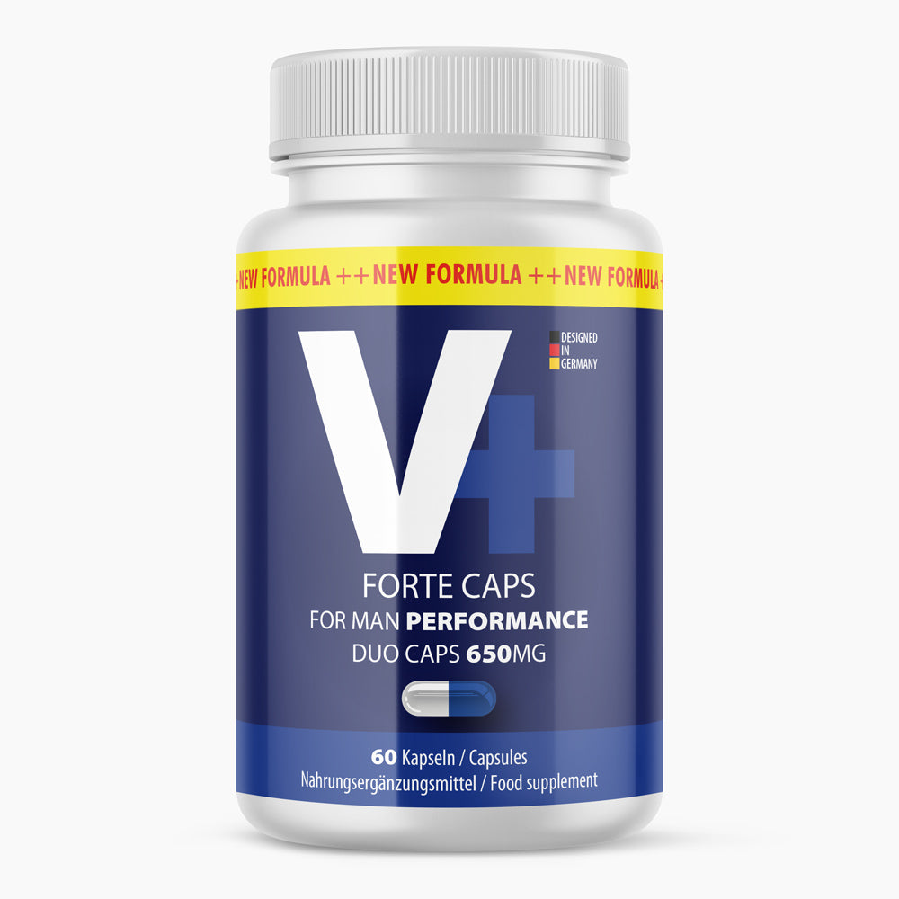 Dose mit blauem Etikett und Schrift V+ Forte Caps for Man Performance Duo Caps 650 mg, 60 Kapseln
