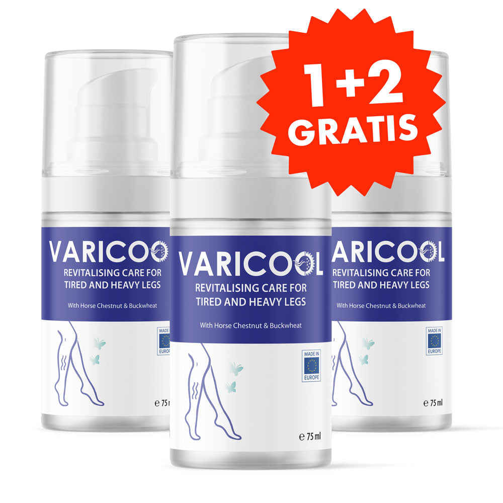 Drei Dosen VARICOOL Revitalising Care for Tired and Heavy Legs mit Hinweis „1+2 GRATIS“ auf Weiß