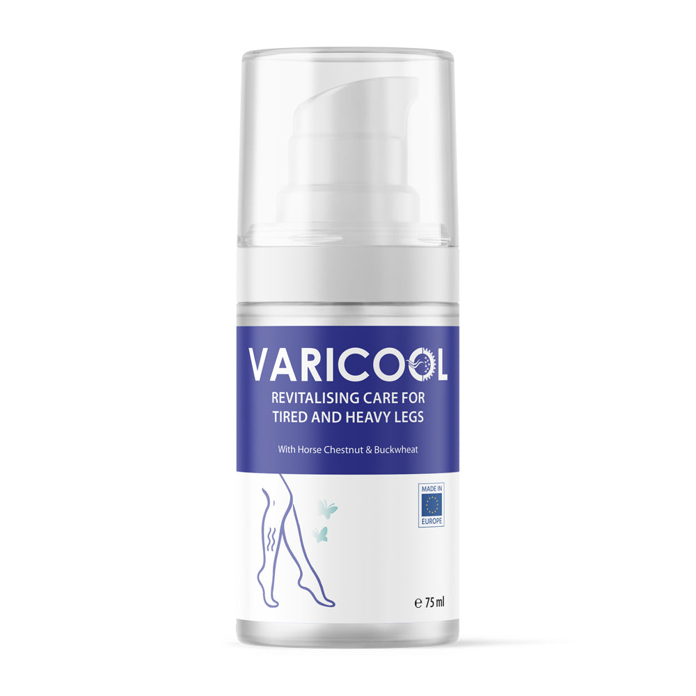 Weiß-blaue Flasche mit Pumpspender und Schrift VARICOOL 75 ml