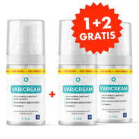 Thumbnail for Drei Varicream-Flaschen 75 ml nebeneinander mit roter Aufschrift 1+2 gratis oben rechts