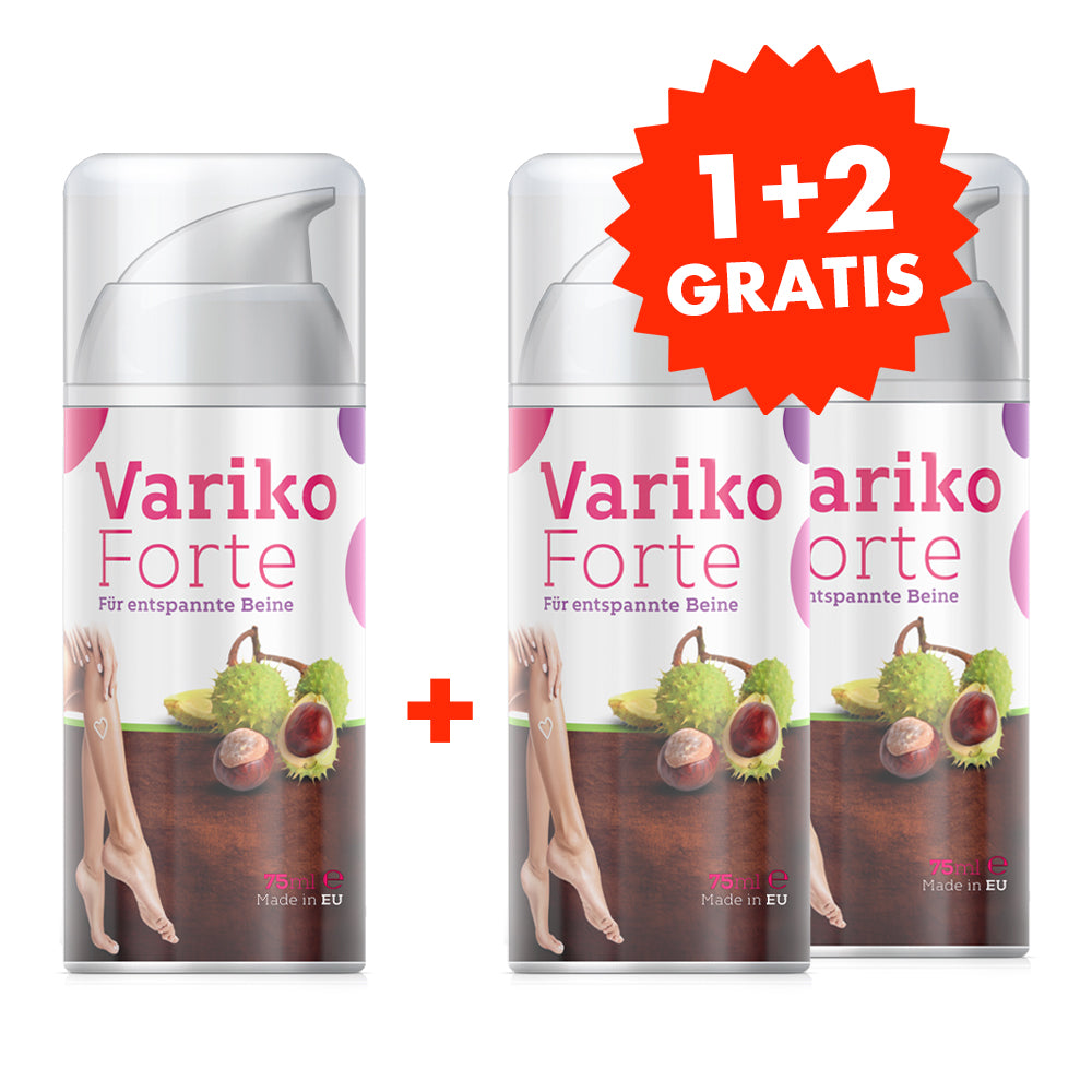 Drei Variko-Forte-Flaschen 75 ml mit Abbildungen von Beinen und Kastanien sowie rotem Hinweis 1+2 gratis