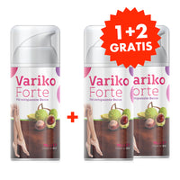Thumbnail for Drei Variko-Forte-Flaschen 75 ml mit Abbildungen von Beinen und Kastanien sowie rotem Hinweis 1+2 gratis