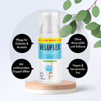 Thumbnail for Flasche Veluflex Premium 120 ml auf Podest, Textkreise Pflege für Gelenke & Muskeln, vegan