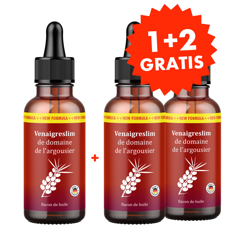 Drei braune Flaschen mit Pipette und rotem Etikett Venaigreslim de domaine de l’argousier 1 + 2 Gratis