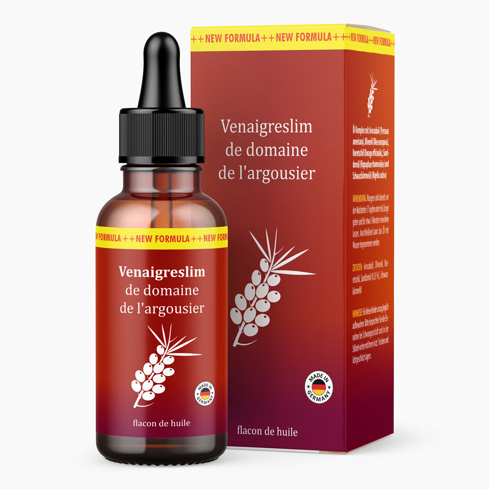 Venaigreslim Ölflasche mit Pipette, 30 ml, vor passender Produktverpackung abgebildet