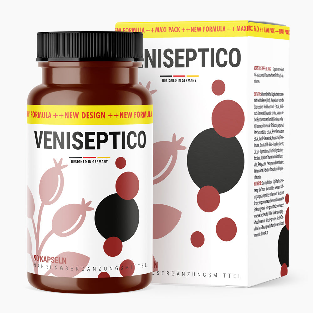 Dose und Karton des Produkts Veniseptico mit Aufschrift 90 Kapseln