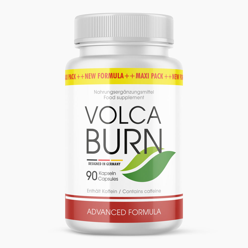 Dose mit Aufschrift VOLCA BURN, rotem Balken mit Text ADVANCED FORMULA, 90 Kapseln