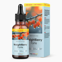 Thumbnail for Braune Flasche mit Pipette und Etikett WeightBerry Forte vor passender Faltschachtel