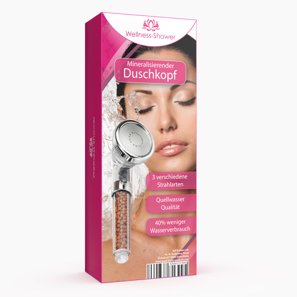 Verpackung in Pink mit Bild eines silbernen Duschkopfs mit Mineralsteinen und Frau mit Wasser im Gesicht