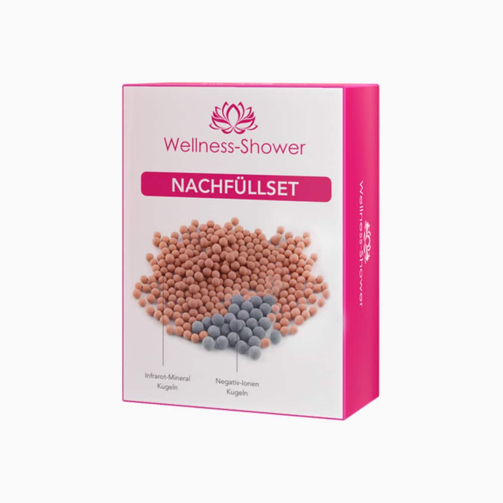 altschachtel in Weiß und Pink mit Schrift Nachfüllset und Abbildung zweier Sorten Kugeln