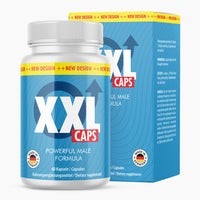 Thumbnail for Blaues Etikett mit weißer Schrift XXL Caps und 60 Kapseln vor passender Verpackung mit Pfeile